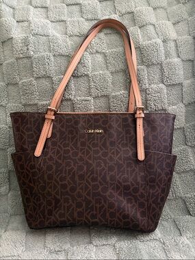 Calvin Klein Brown Logo Tote with Tan Straps